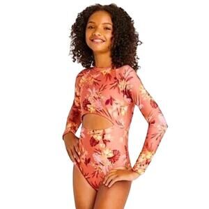 Art Class One Piece Bathing Suit Size L(10-12) Orange Tropical Print Zipper Back